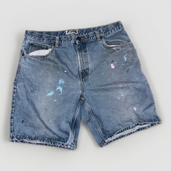 Vintage Route 66 Jean Shorts Men’s 38 Blue Distressed Paint Workwear - Picture 1 of 6